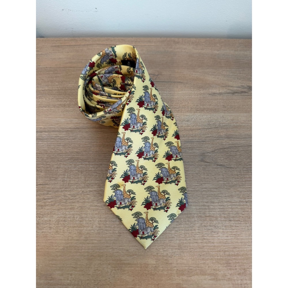 Johnston & Murphy Mens Silk Safari Animal Print Tie Yellow Elephant Giraffe
